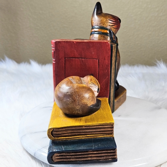 Vintage Hand Carved Heavy Wooden Cat Kitten Bookend Set From Thailand MCM - Picture 4 of 12